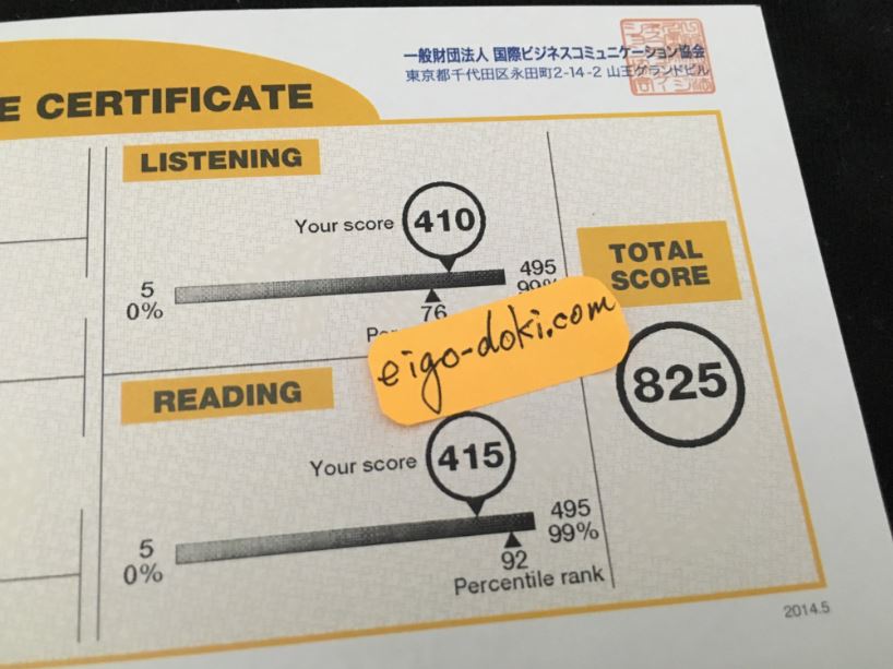 TOEIC5ヶ月目のスコア825点。LISTENING410点。READING415点。