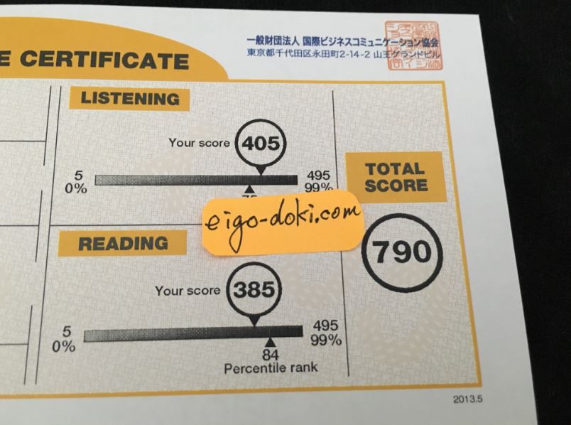 TOEIC1ヶ月目のスコア790点。LISTENING405点。READING385点。