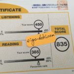 TOEIC2ヶ月目4月のスコア835点。LISTENINGは450点。READINGは385点。